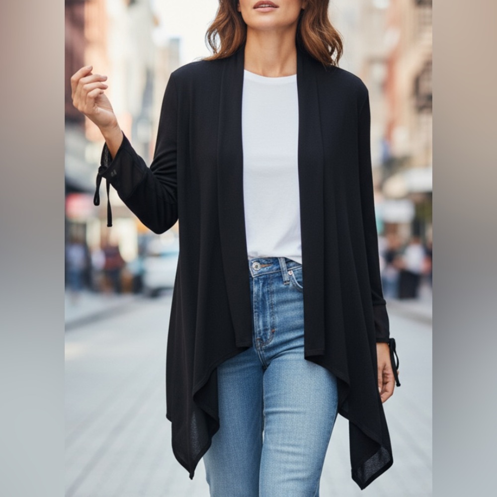 August‎ Silk, Draped Open Front Black Flowing Cardigan Sheer Bell Cuffs.  Large